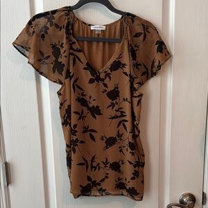 Calvin Klein Brown and Black Floral Flutter Sleeve Blouse MSRP $58